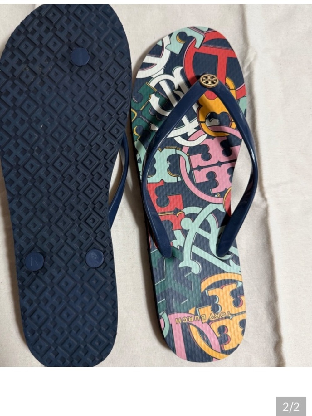 Tory Burch Multicolor Logo Flip Flop Sandals like new - Picture 2 of 4